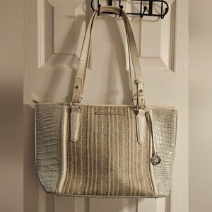 Brahmin Cream and Tan Croc-Embossed Tote